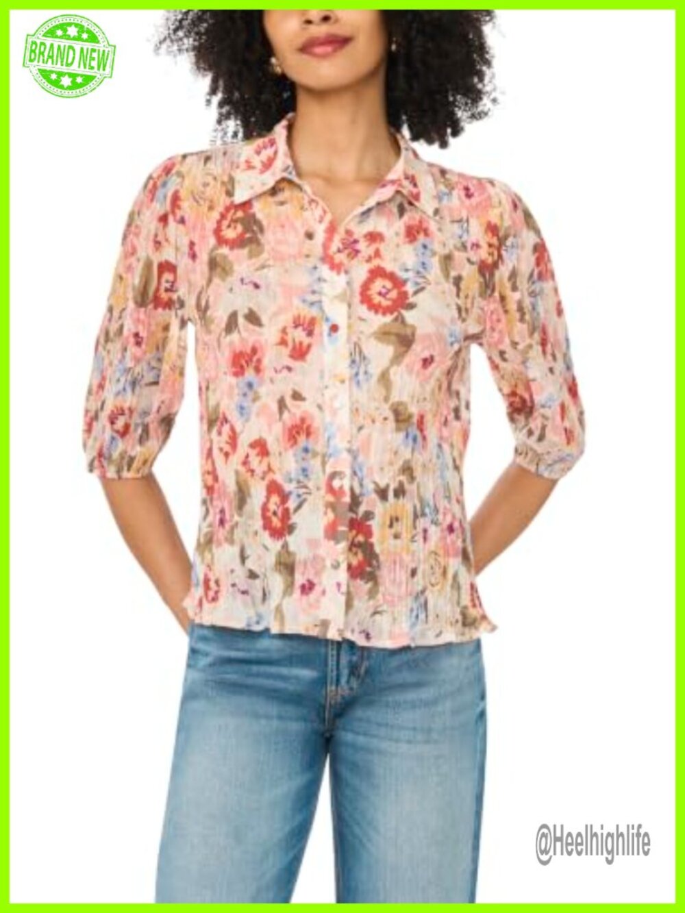 Floral Button Down Blouse with Puff Elbow Sleeves and Collar